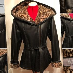 Black Leather w leopard faux fur lining jacket